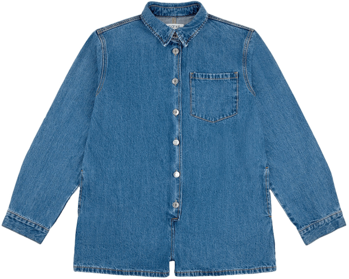 long sleeve denim romper flat lay -medium wash