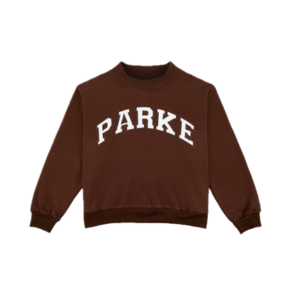 varsity mockneck flat lay -chocolate brown + white