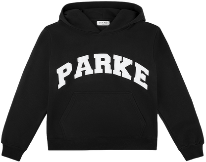 varsity hoodie sweatshirt flat lay -black + white