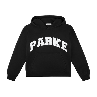 varsity hoodie sweatshirt flat lay - black + white