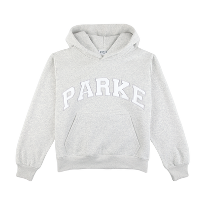 varsity hoodie sweatshirt flat lay - classic grey + white