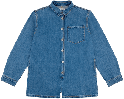 long sleeve denim romper flat lay -medium wash