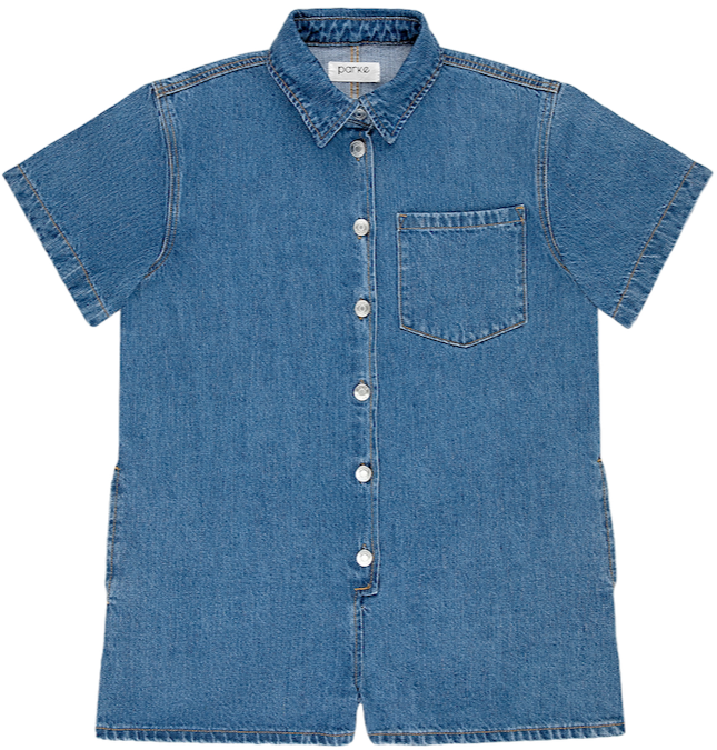 short sleeve denim romper flat lay -medium wash