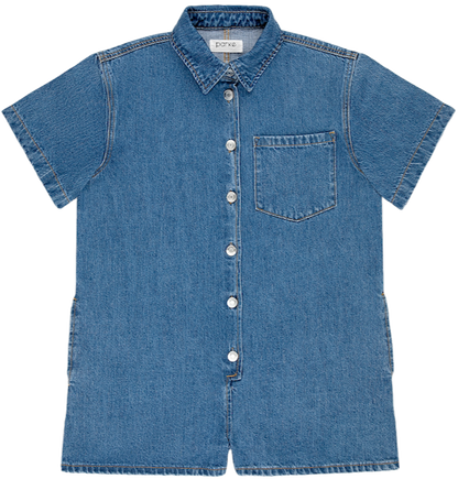 short sleeve denim romper flat lay -medium wash