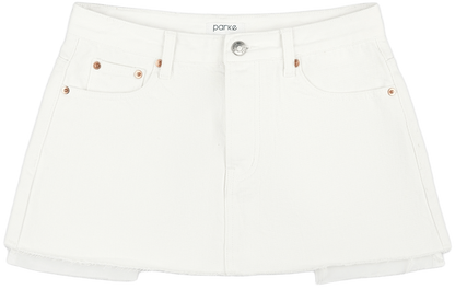 denim mini skirt flat lay -white