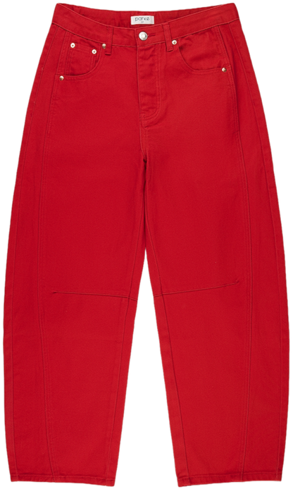 Red horseshoe jean flat lay - red