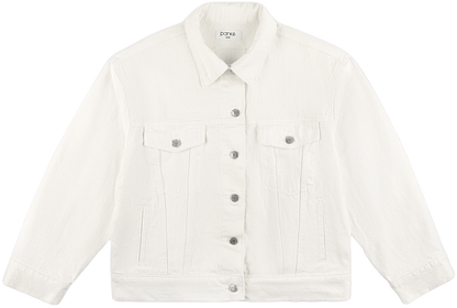 white oversized jean jacket flat lay -white