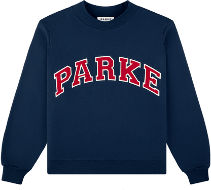 coastal varsity mockneck -denim + firecracker