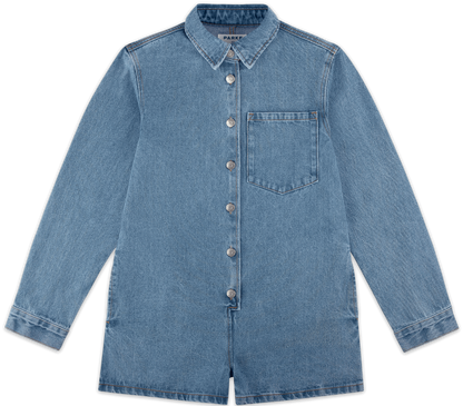 long sleeve denim romper flat lay -vintage wash