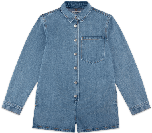 long sleeve denim romper flat lay -vintage wash
