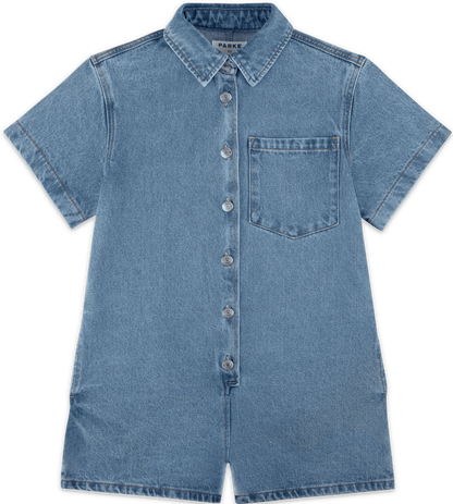 short sleeve denim romper flat lay -vintage wash