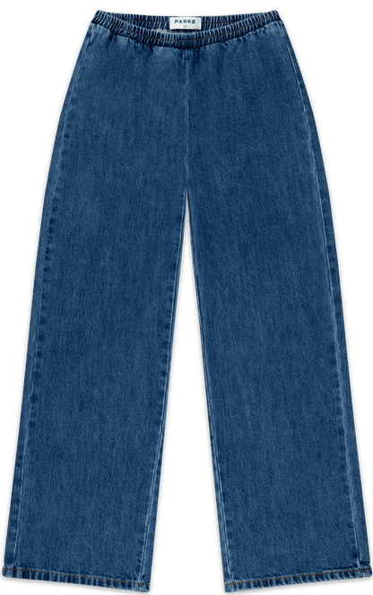 elastic denim pant flat lay -medium wash