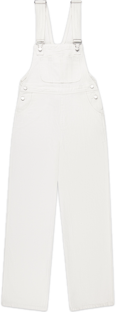denim overalls flat lay -white