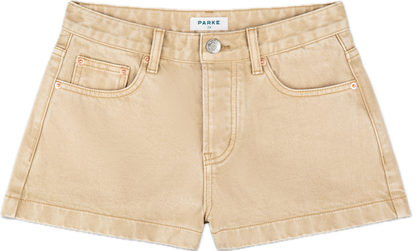 denim mini short flat lay -camel