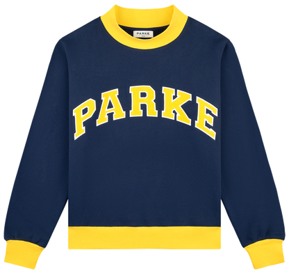 two tone varsity mockneck -denim + maize