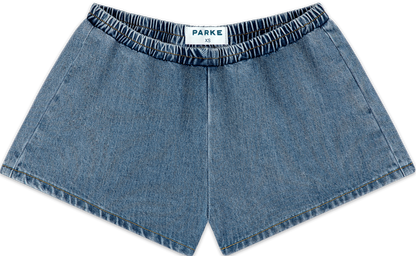 elastic denim short flat lay -vintage wash