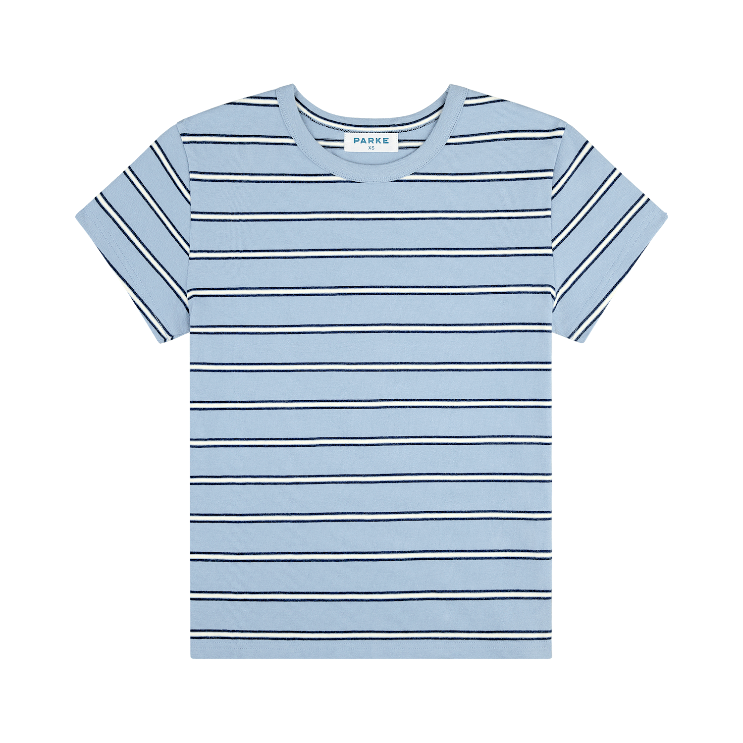 striped tee flat lay -sky stripe