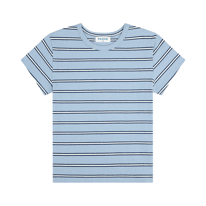 striped tee flat lay -sky stripe
