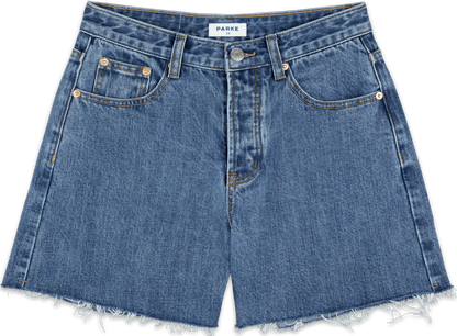 long baggy shorts flat lay -medium wash