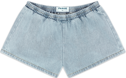 elastic denim short flat lay -light wash