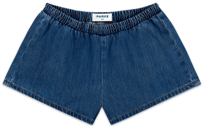 elastic denim short flat lay -medium wash