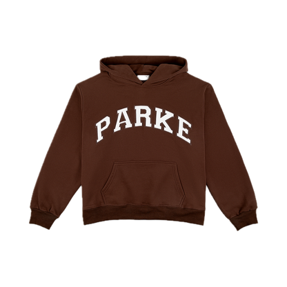 varsity hoodie sweatshirt flat lay - chocolate brown + white