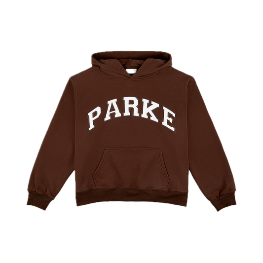 varsity hoodie sweatshirt flat lay - chocolate brown + white