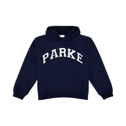varsity hoodie sweatshirt flat lay - navy + white